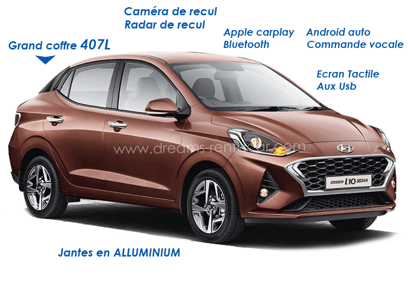 Promotion location de voiture à l’aéroport Tunis Carthage (TUN) et en Tunisie: Hyundai Grand i10 sedan BERLINE MANUELLE à.p de 16.7 €/Jr