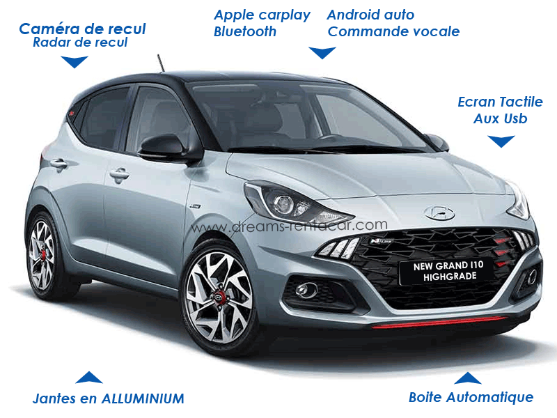 Promotion location de voiture à l’aéroport Tunis Carthage (TUN) et en Tunisie: Hyundai New grand i10 high grade bva CITADINE AUTOMATIQUE à.p de 52.3 €/Jr